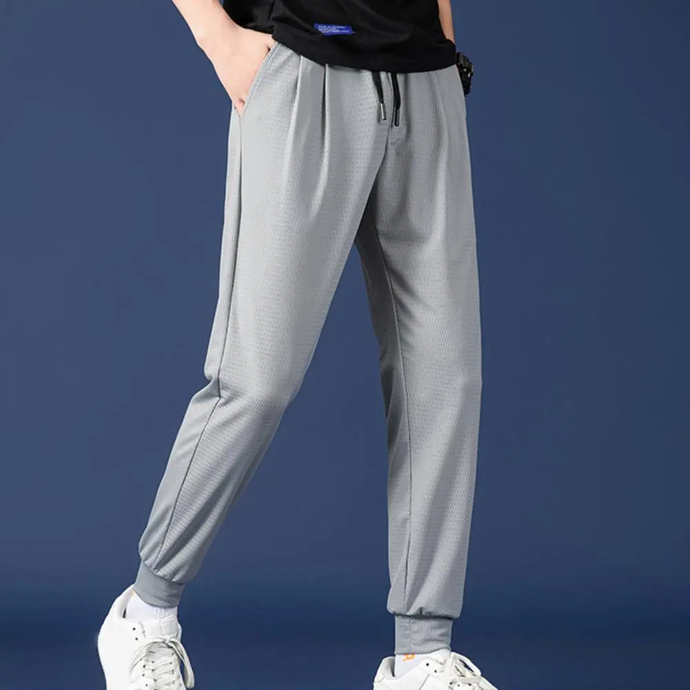 Mid-rise Elastic Waistband Casual Pants Drawstring Pockets Mesh Men Ice Silk Thin Jogging Sweatpants Street Running Sport Pants