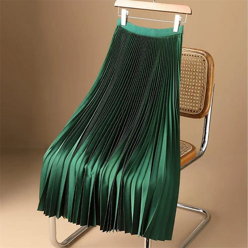 Long Maxi Skirt Women Solid Color Pleated A-Line Long Skirt Elastic Waist Satin Midi Skirt Casual Spring Women Pleated Skirts