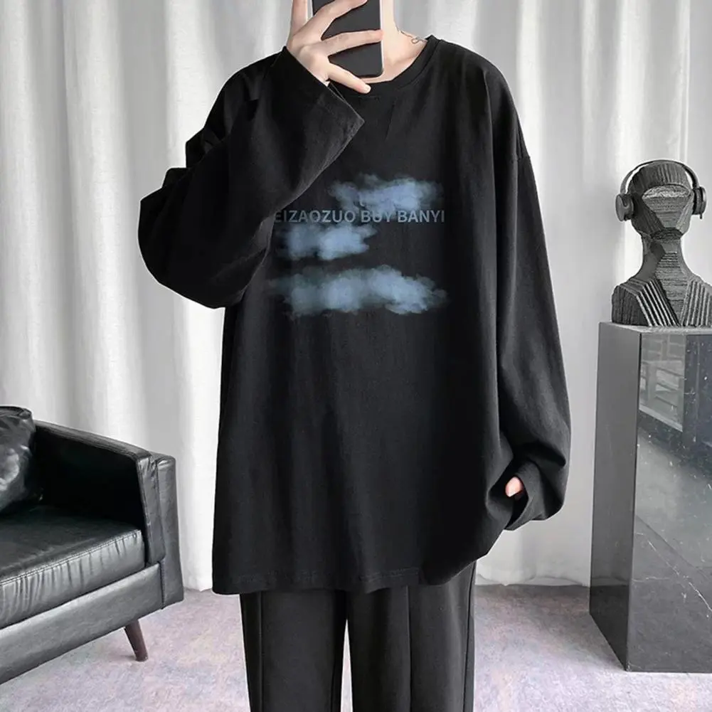 Japanese Style Men T-shirt Letter Print Round Neck Male Tshirt Autumn Long Sleeves Tee Shirt Mens Clothes Casual Loose Tee