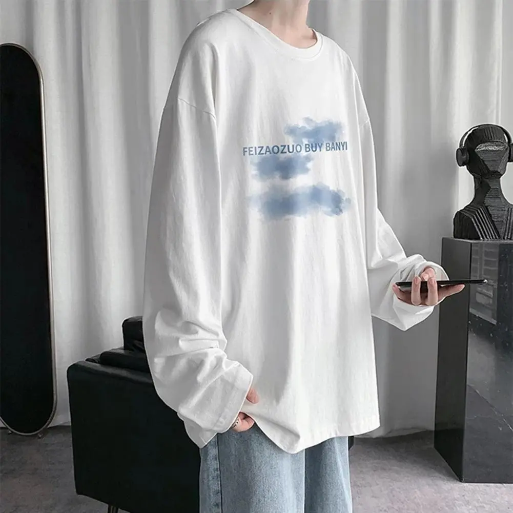 Japanese Style Men T-shirt Letter Print Round Neck Male Tshirt Autumn Long Sleeves Tee Shirt Mens Clothes Casual Loose Tee
