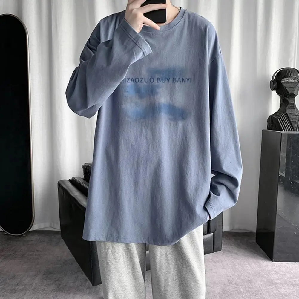 Japanese Style Men T-shirt Letter Print Round Neck Male Tshirt Autumn Long Sleeves Tee Shirt Mens Clothes Casual Loose Tee