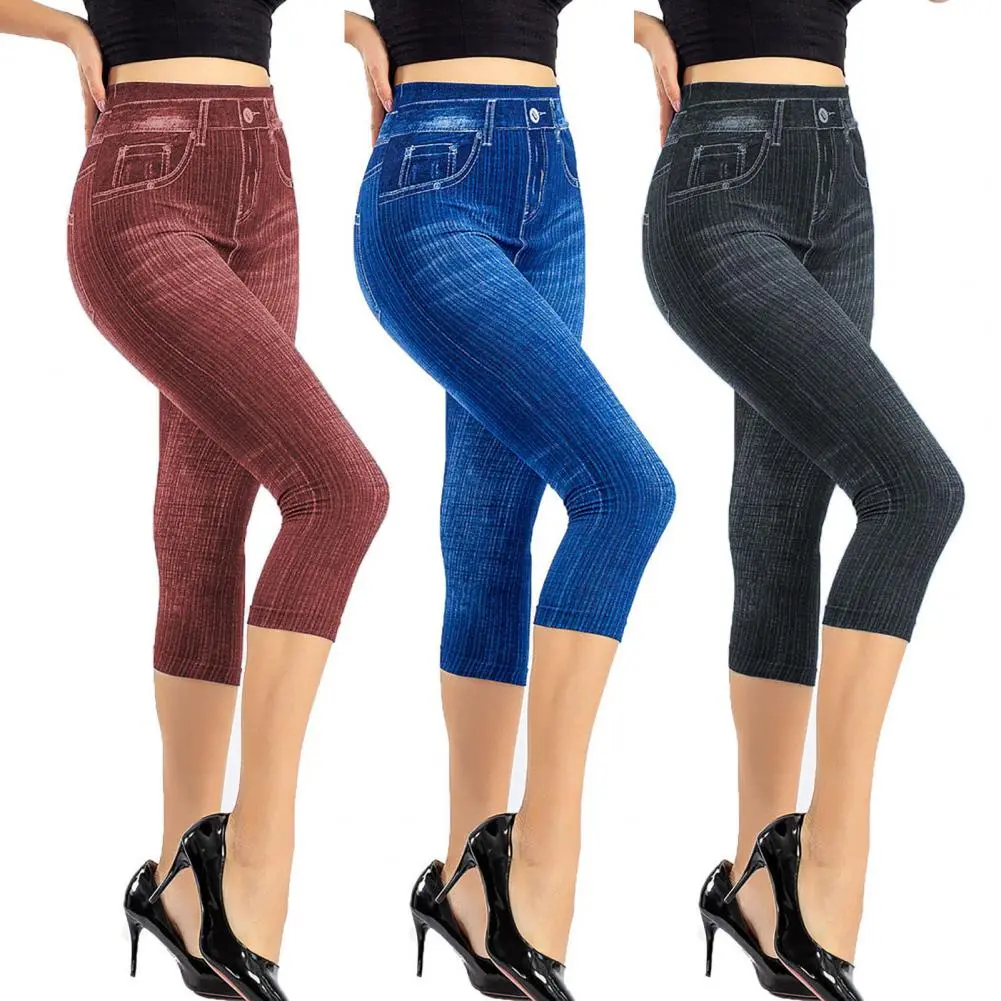 Sexy Slim Push Up Lady Gym Leggings Imitation Women Jeans Stretch Short Leggings Elasticity Hip Lift Pants 3/4 Women Trousers