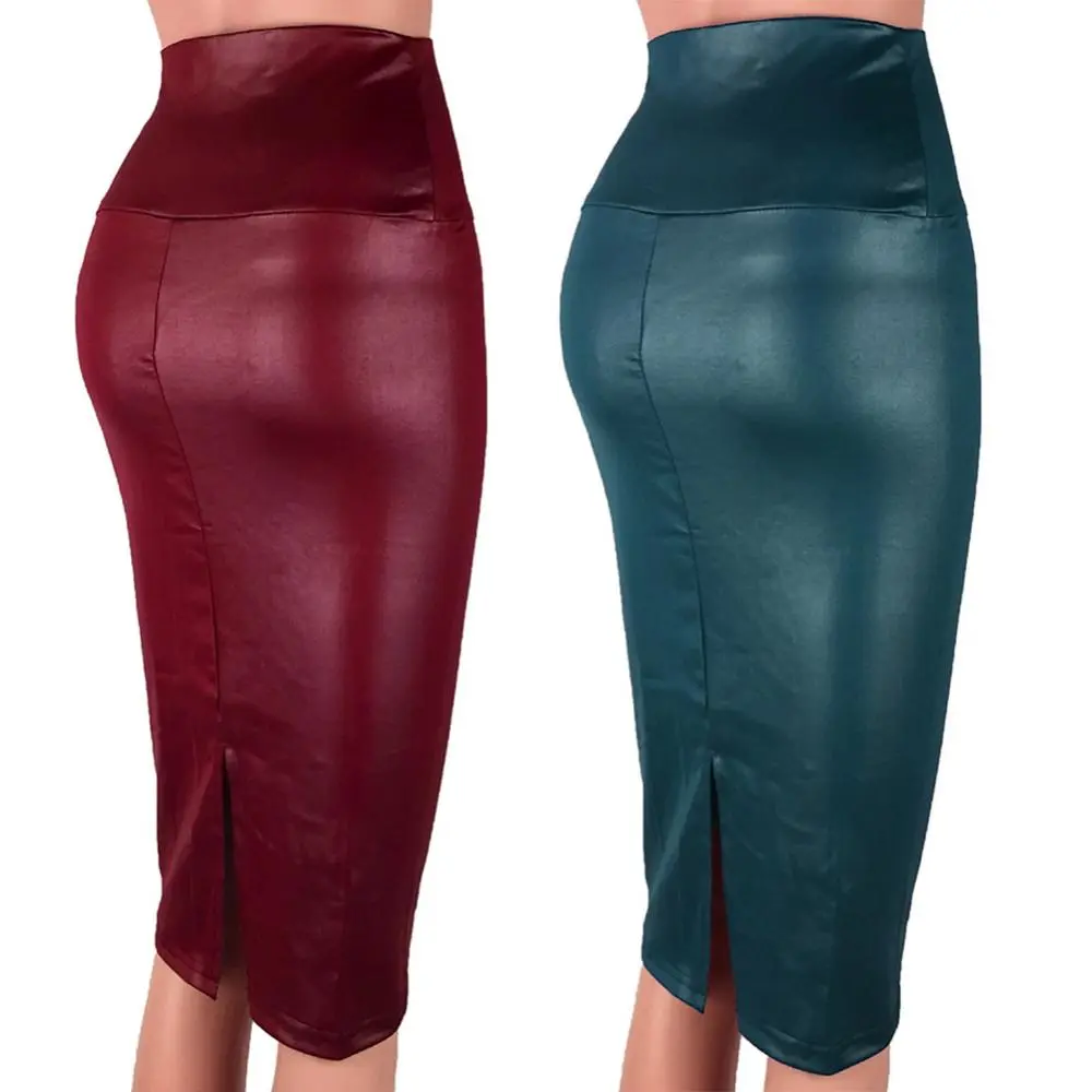 Sexy Bodycon Leather Pencil Skirt olid Color High Waist Slim Fit Skinny Matte Faux Leather Commuter Bodycon Skirt Streetwear