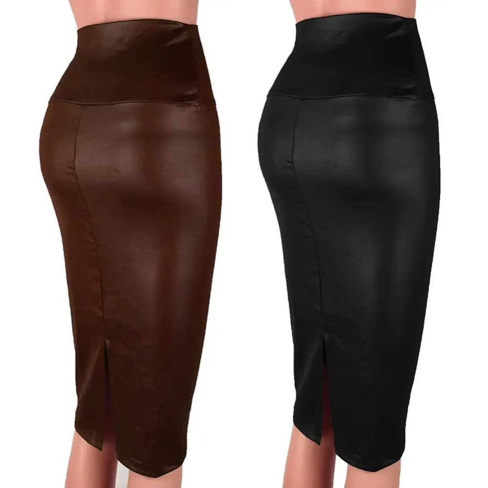 Sexy Bodycon Leather Pencil Skirt olid Color High Waist Slim Fit Skinny Matte Faux Leather Commuter Bodycon Skirt Streetwear