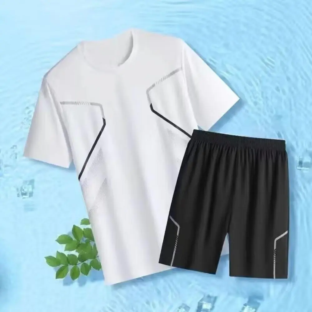 Men Tracksuit Set Breathable Training Clothes Men's Quick-drying Sportswear Set with Round Neck Tee Shirt Elastic for Active