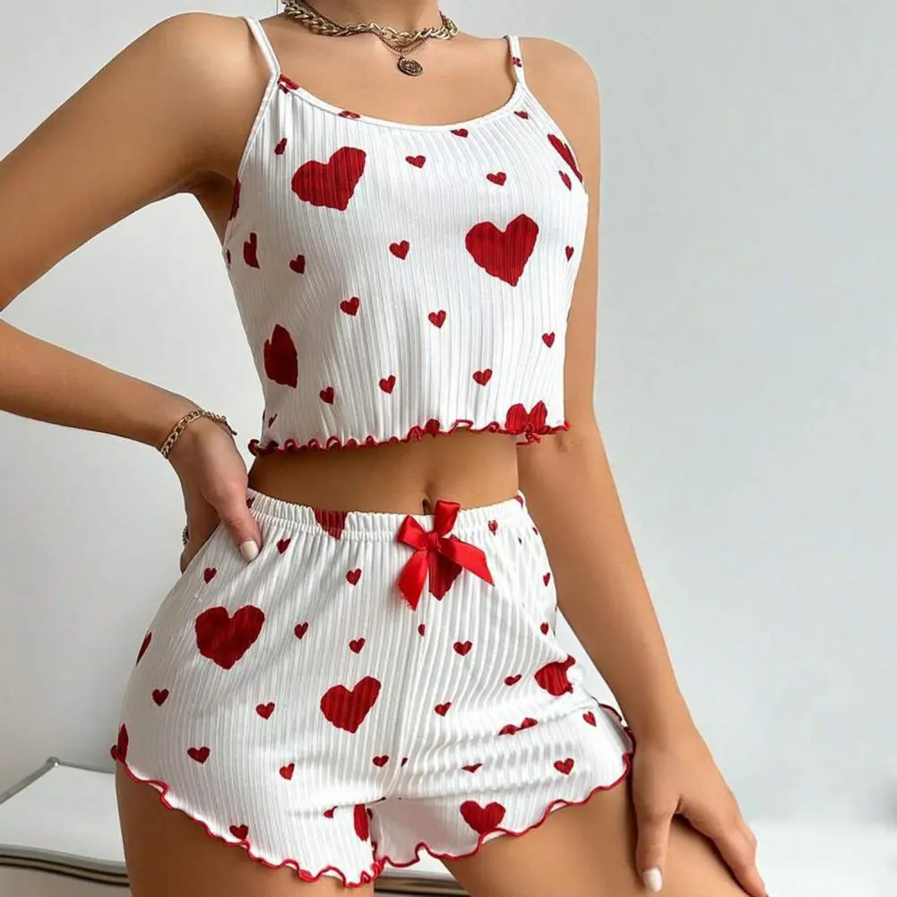 Women Pajamas Set Heart Print Adjustable Strap Sleeveless Crop Top Shirring Edge High Waist Shorts Print Love Pajamas Sleepwear