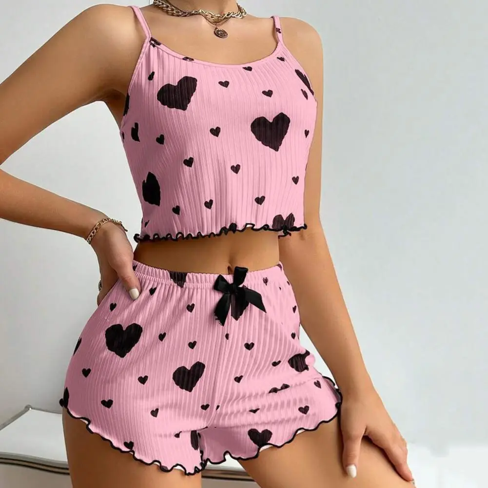 Women Pajamas Set Heart Print Adjustable Strap Sleeveless Crop Top Shirring Edge High Waist Shorts Print Love Pajamas Sleepwear