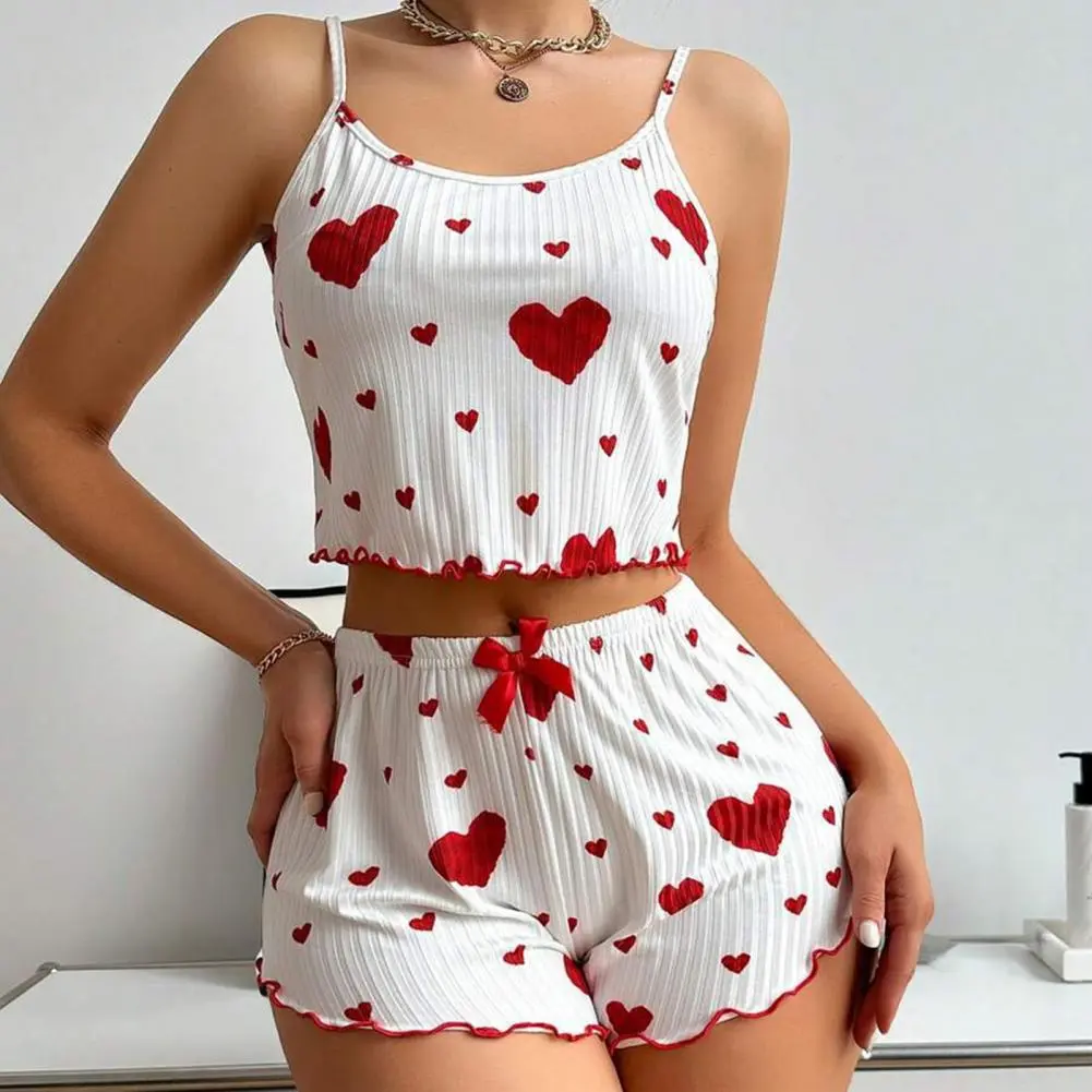 Women Pajamas Set Heart Print Adjustable Strap Sleeveless Crop Top Shirring Edge High Waist Shorts Print Love Pajamas Sleepwear