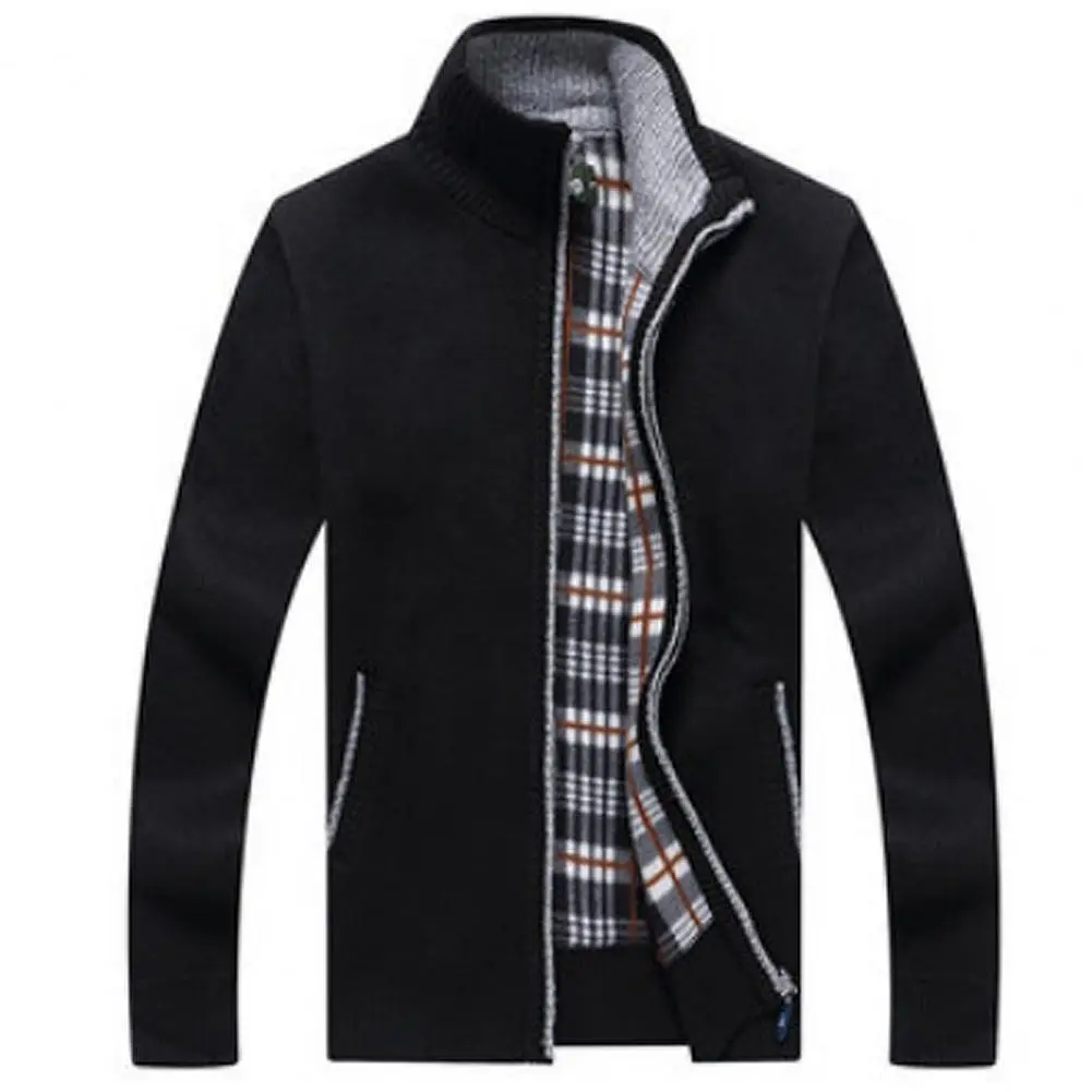 Men Winter Thick Knitted Sweater Coat Winter Men's Long Sleeved Stand Up Collar Thick Velvet Cardigan Jacket For Spring Autumn
