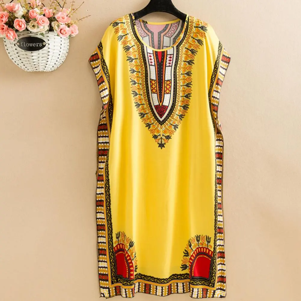 Summer Vocation Oversized Beach Dress Geometric Print Short Sleeves Split Midi Dress Ethnic Style O Neck Print Women Maxi Dress