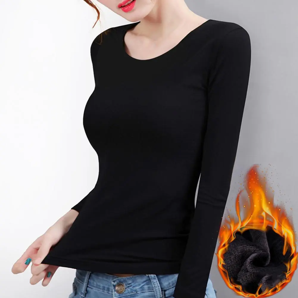 Thermal Shirt O Neck Velvet Lining Bottoming Tops Spring Women Thermal Blouse Slim Fit Solid Color Warm Tee Shirt  Underwear top