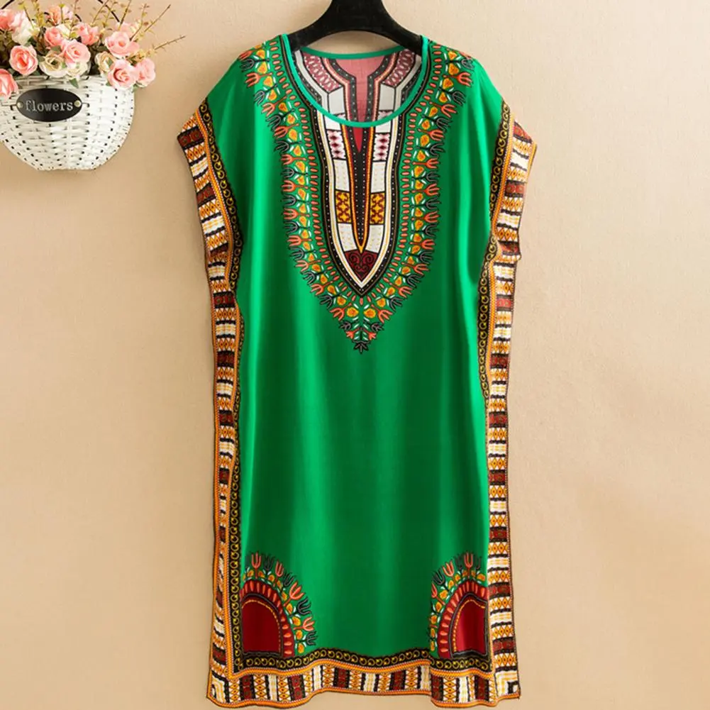 Summer Vocation Oversized Beach Dress Geometric Print Short Sleeves Split Midi Dress Ethnic Style O Neck Print Women Maxi Dress
