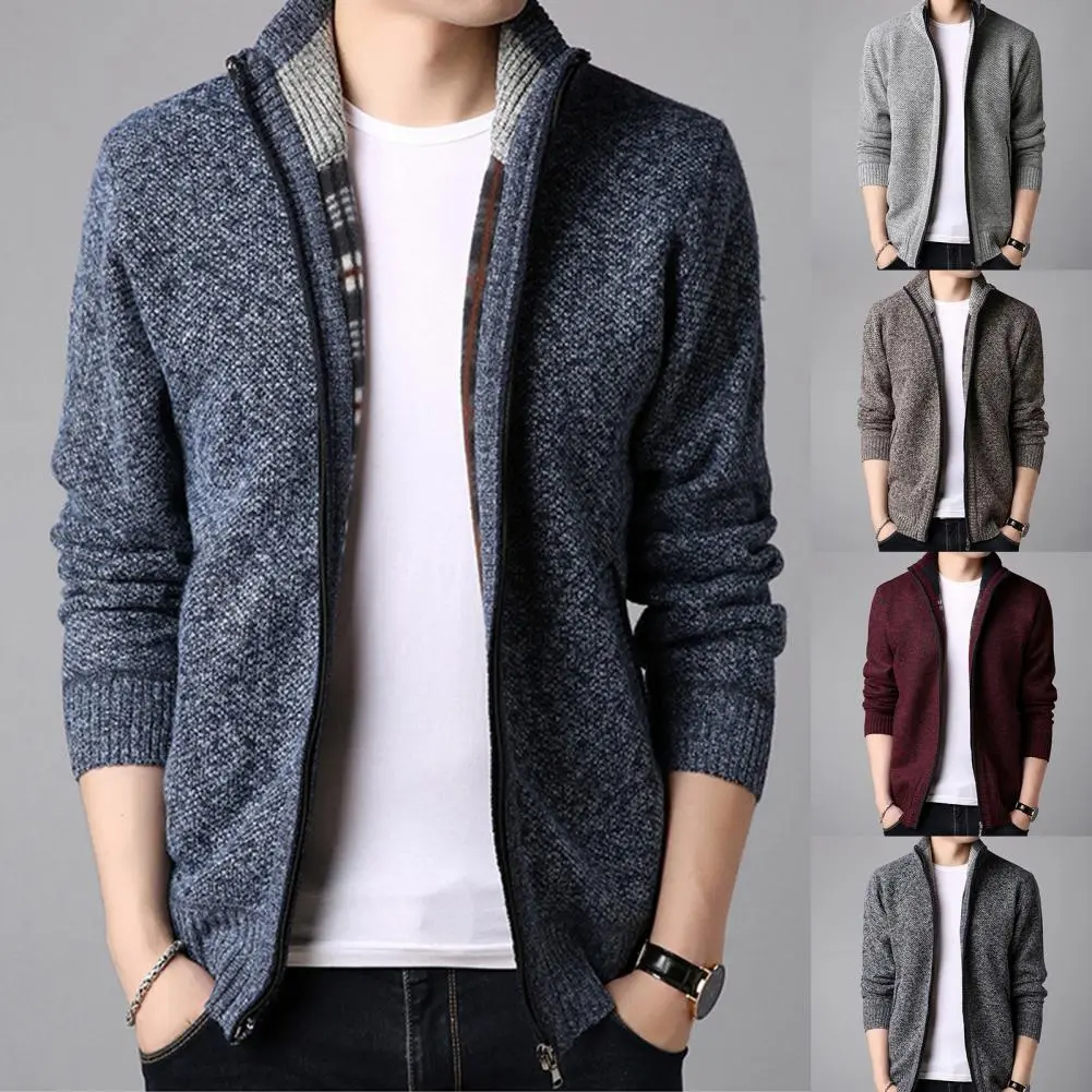 Men Winter Thick Knitted Sweater Coat Winter Men's Long Sleeved Stand Up Collar Thick Velvet Cardigan Jacket For Spring Autumn