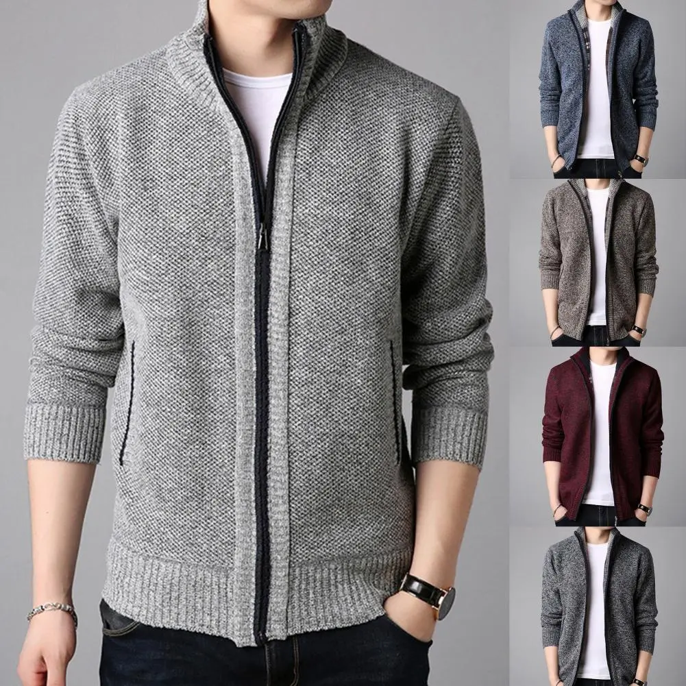 Men Winter Thick Knitted Sweater Coat Winter Men's Long Sleeved Stand Up Collar Thick Velvet Cardigan Jacket For Spring Autumn