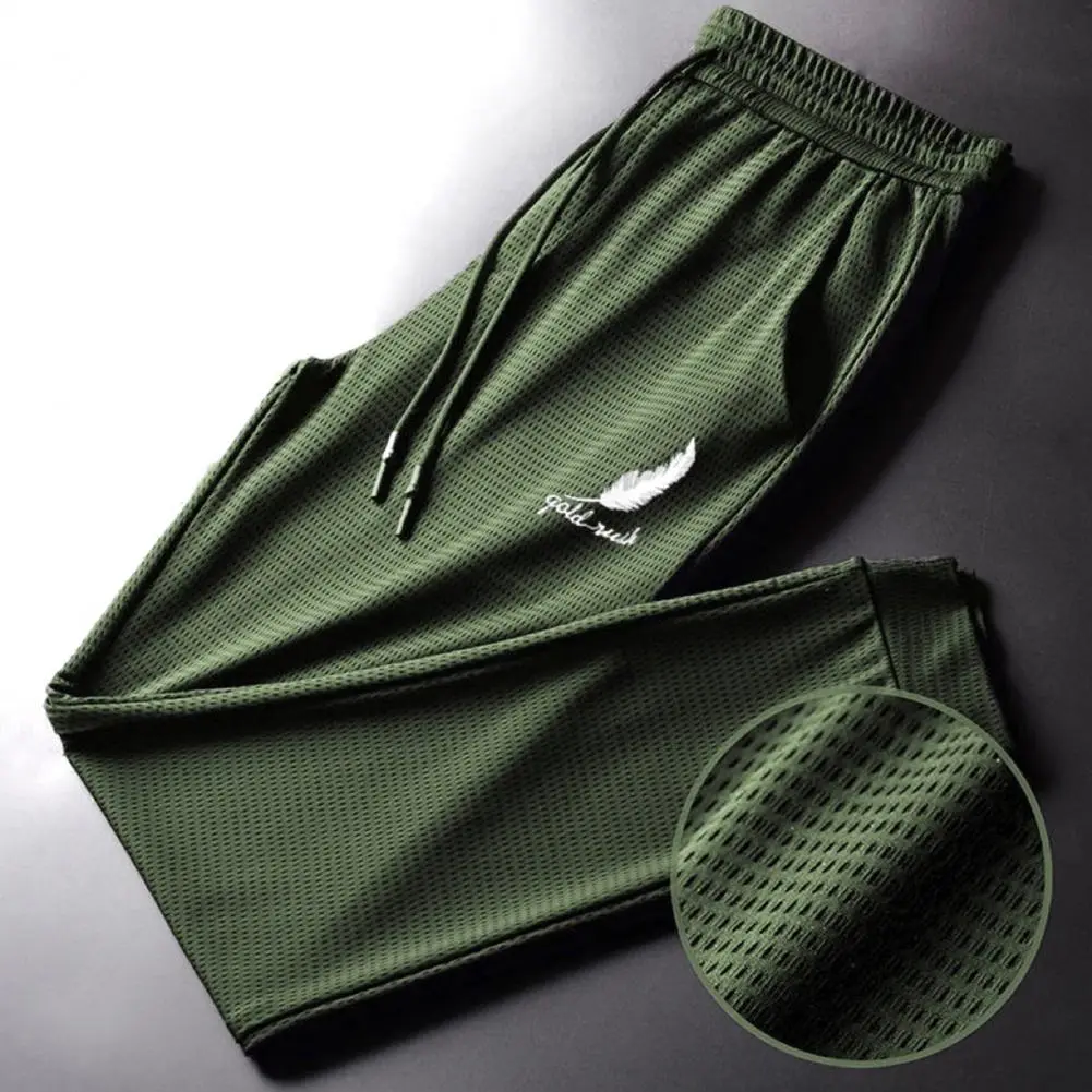 Feather Print Ice Silk Sweatpants Breathable Mesh Drawstring Sport Pants Jogging Sweatpants Casual Quick Dry Ankle Tied Pants
