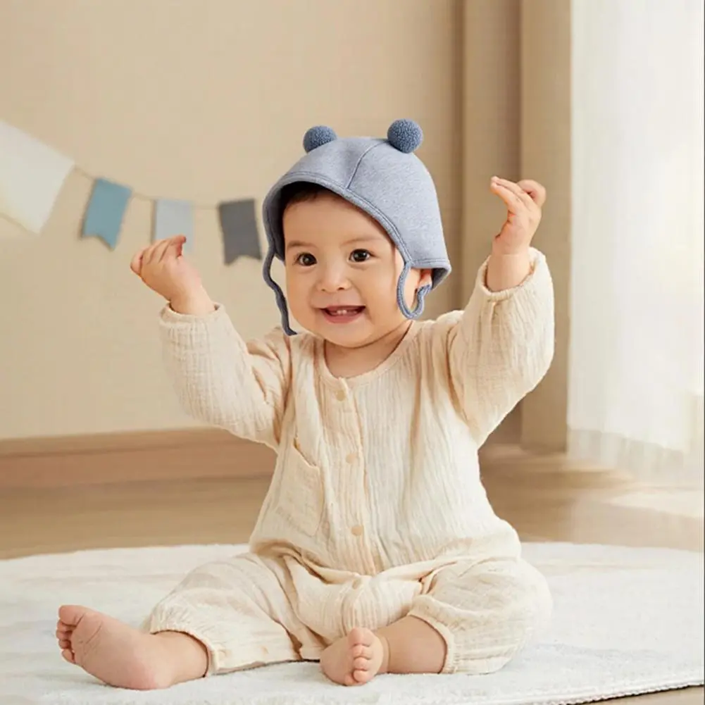 Double Ball Design Baby Hat Breathable Baby Cotton Hat Infant Soft Baby Hat with Double Ball Design Solid Color for Newborns
