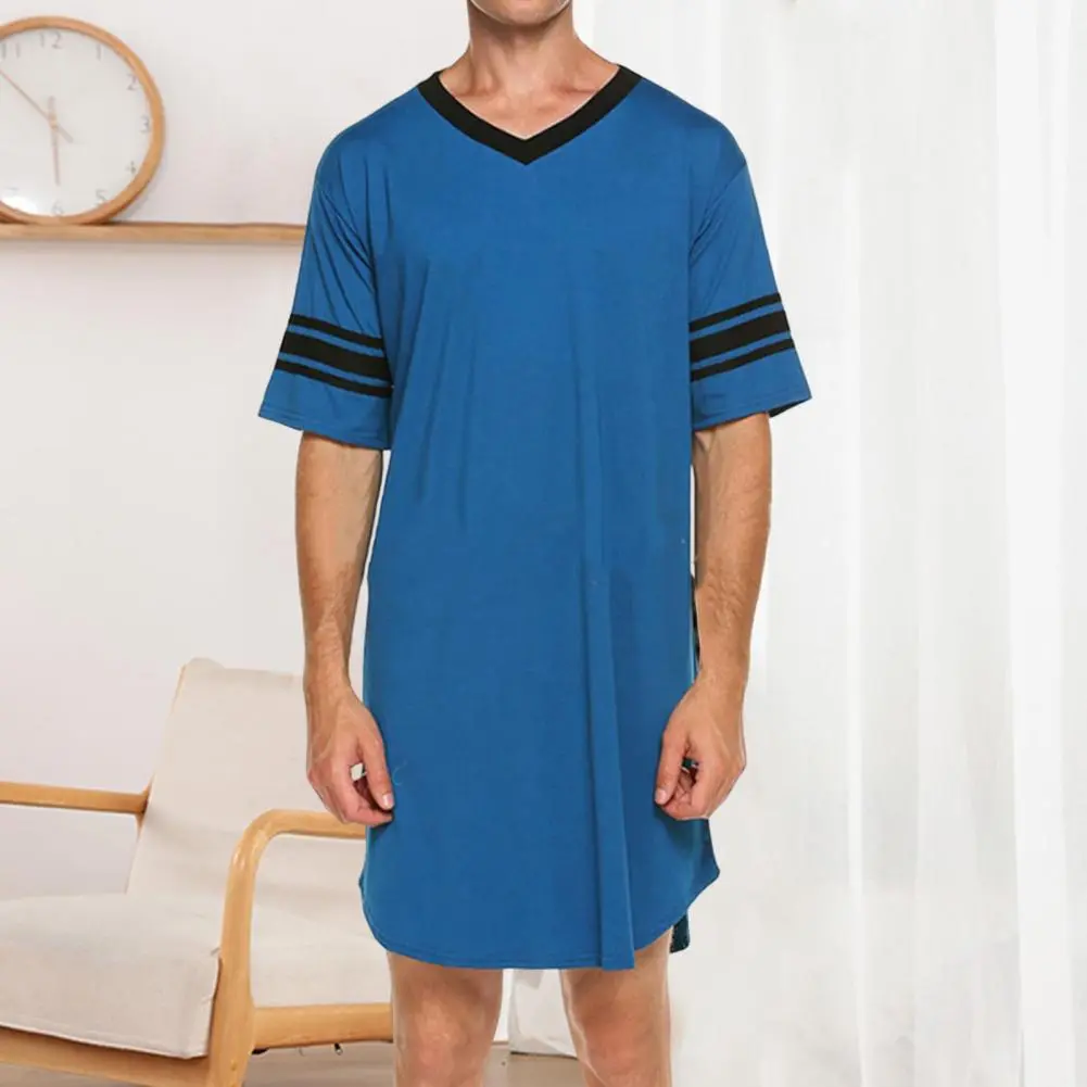 Men Loungewear Fashion Color Blocked Home Clothes Men's V-neck Long Sleepwear Casual Irregular Hem T-shirt Homewear Robe Pajama