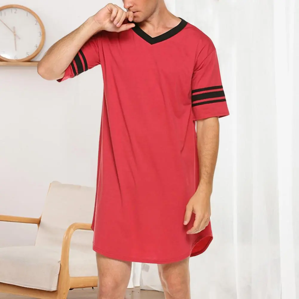 Men Loungewear Fashion Color Blocked Home Clothes Men's V-neck Long Sleepwear Casual Irregular Hem T-shirt Homewear Robe Pajama