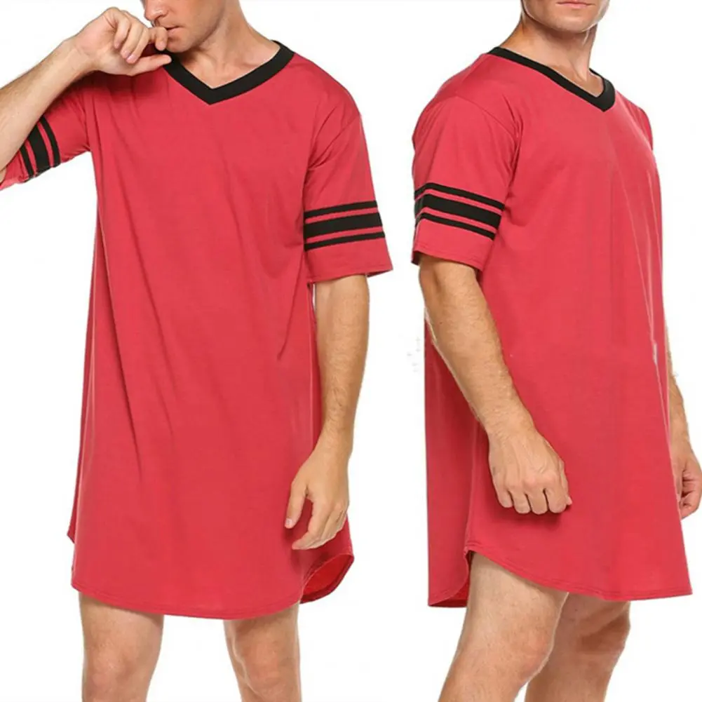 Men Loungewear Fashion Color Blocked Home Clothes Men's V-neck Long Sleepwear Casual Irregular Hem T-shirt Homewear Robe Pajama