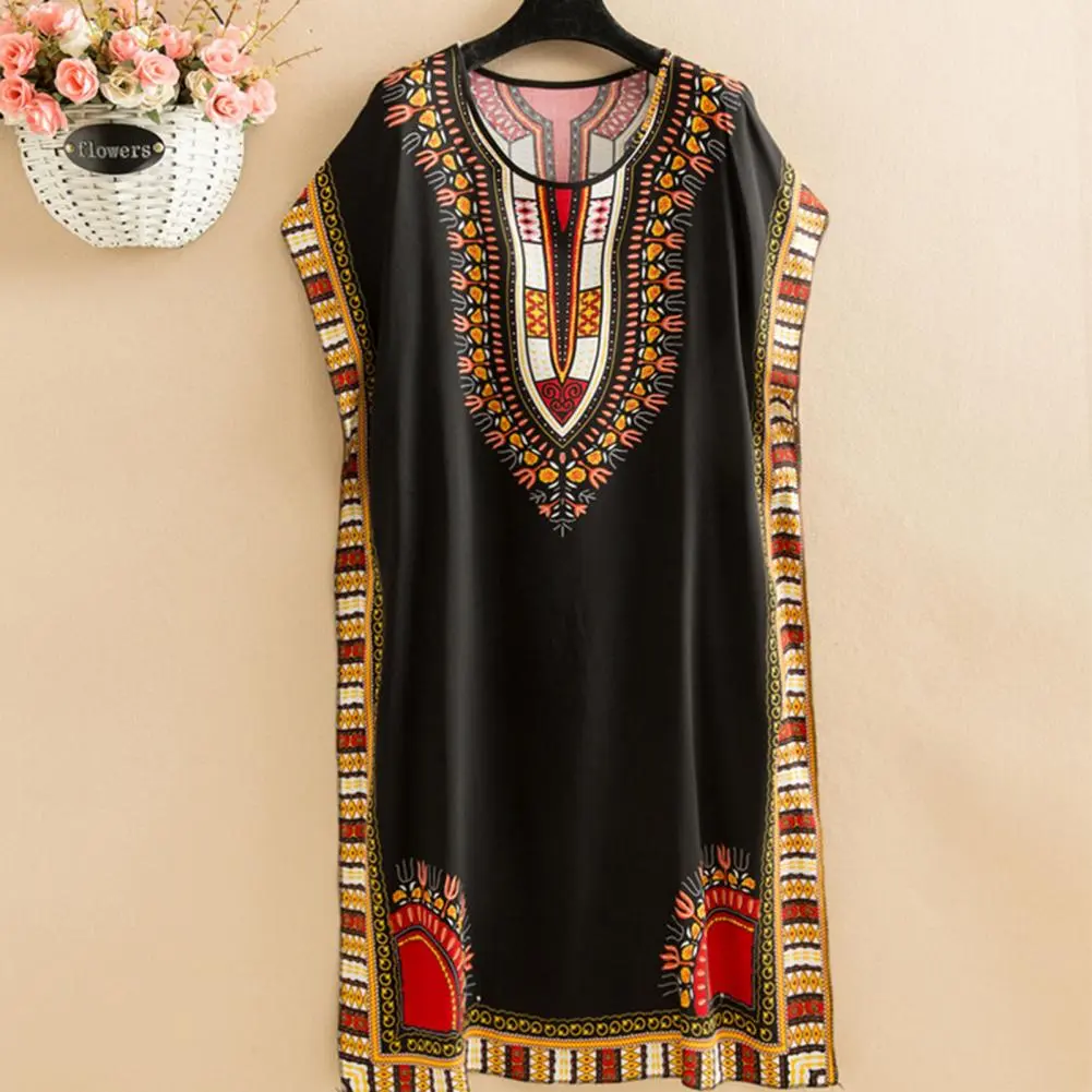 Women Dress Ethnic Style Round Neck Print Contrast Color Geometric Printing Pullover Loose Short Sleeves Midi Dress Women Clothe