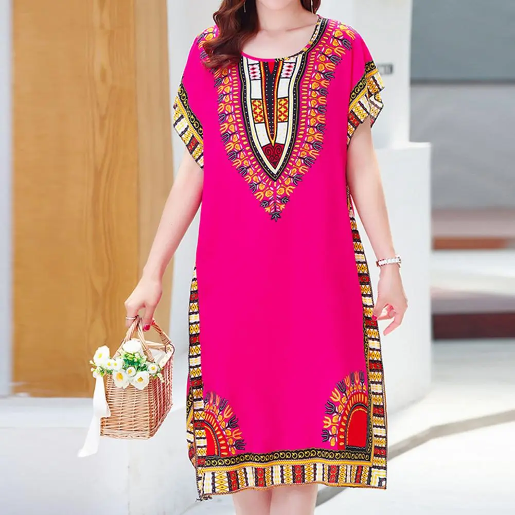 Women Dress Ethnic Style Round Neck Print Contrast Color Geometric Printing Pullover Loose Short Sleeves Midi Dress Women Clothe