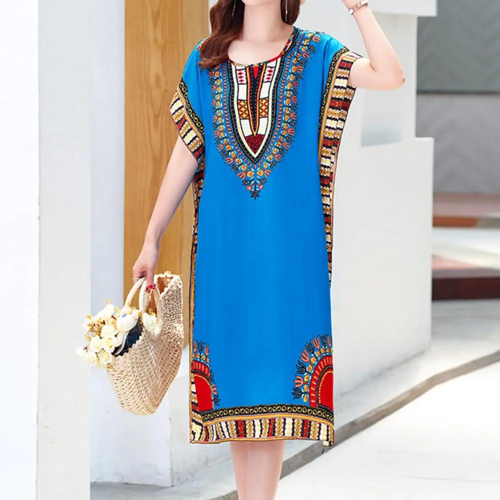 Women Dress Ethnic Style Round Neck Print Contrast Color Geometric Printing Pullover Loose Short Sleeves Midi Dress Women Clothe
