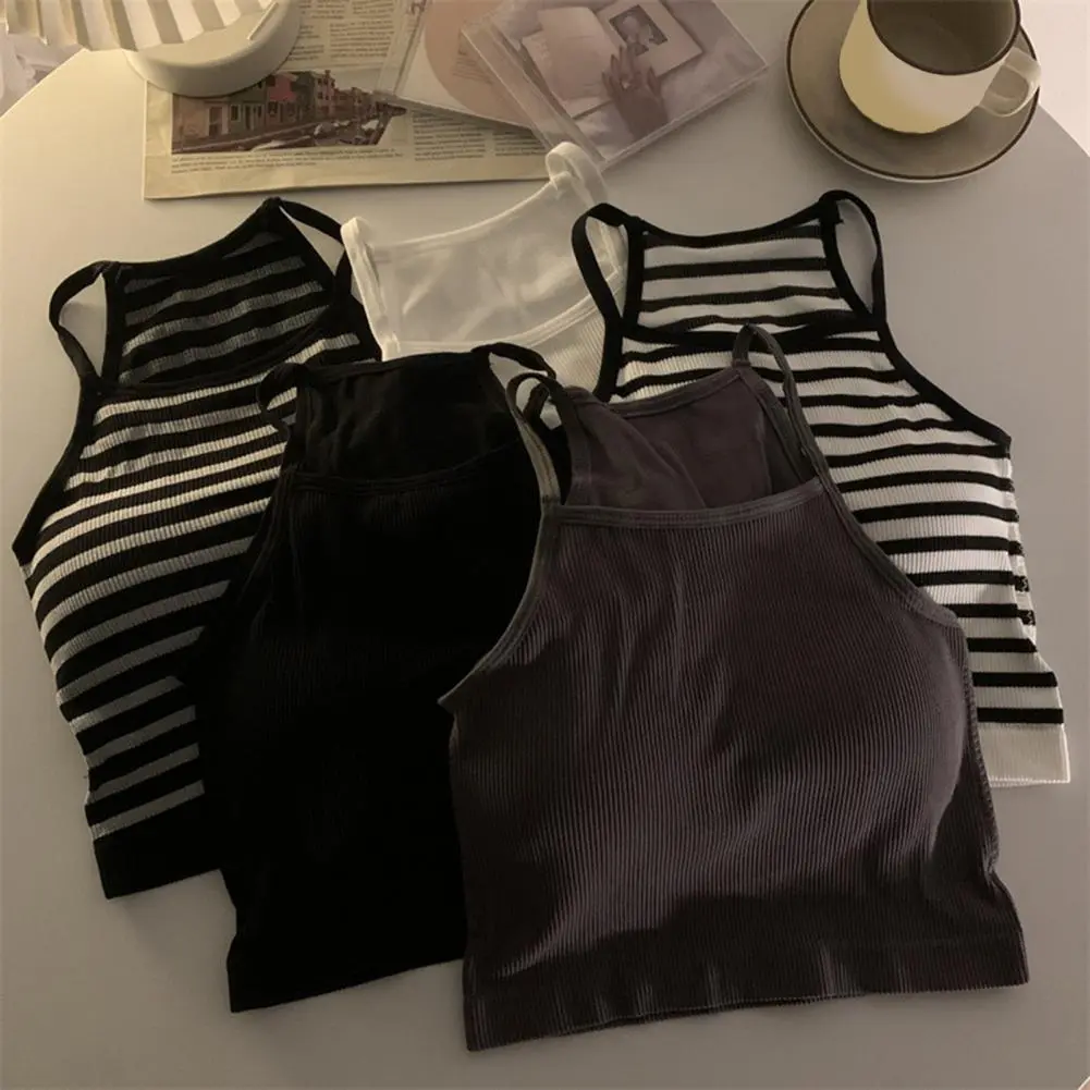 Breathable Camisole Close-fitting Athletic Vest Stylish Women's Ribbed Tank Tops with Built-in Bra Chest Pad Summer for Outer