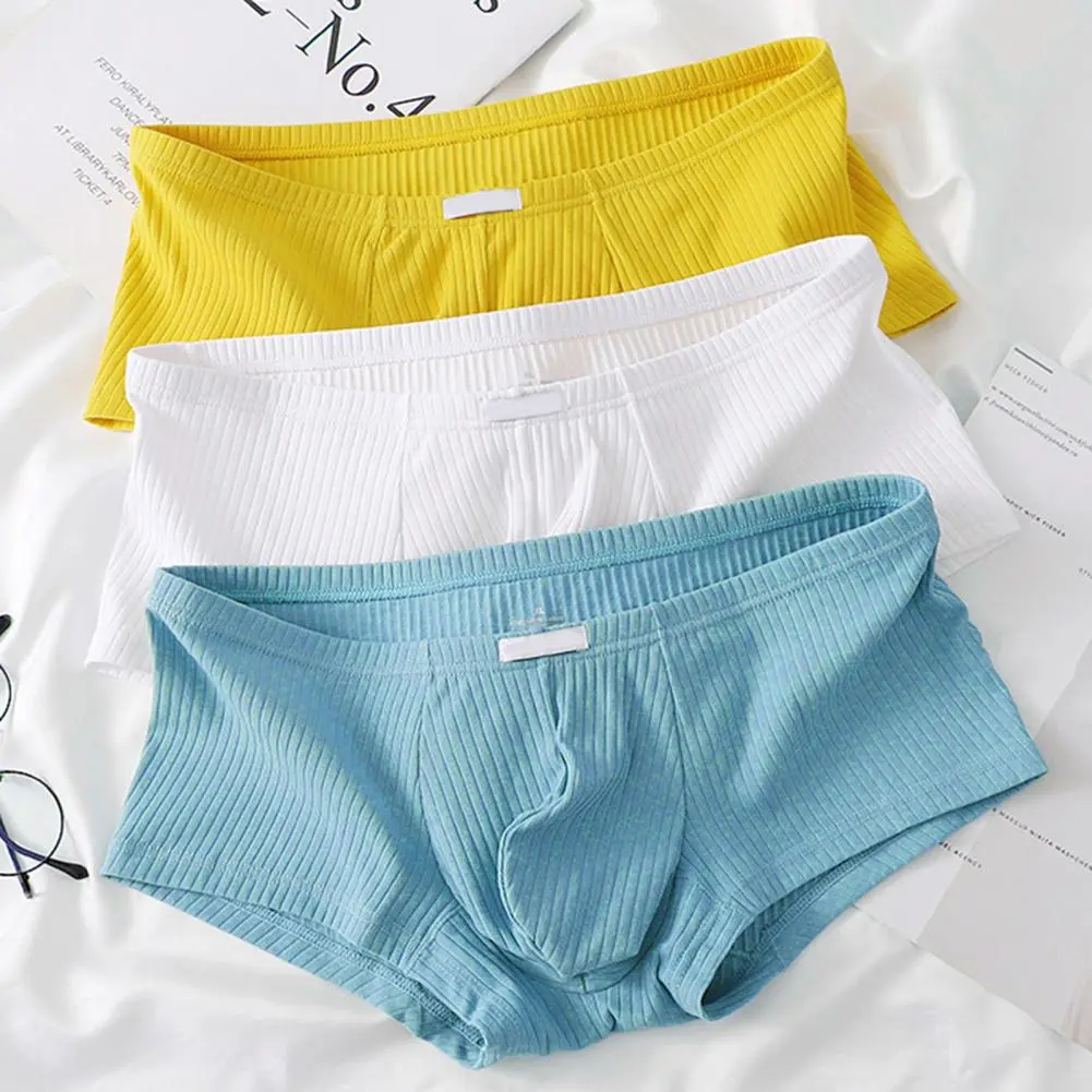 Men Boxer Underwear Low-rise Solid Color Ribbed Shorts Briefs Quick Drying U-Convex Bag Thin Panties
