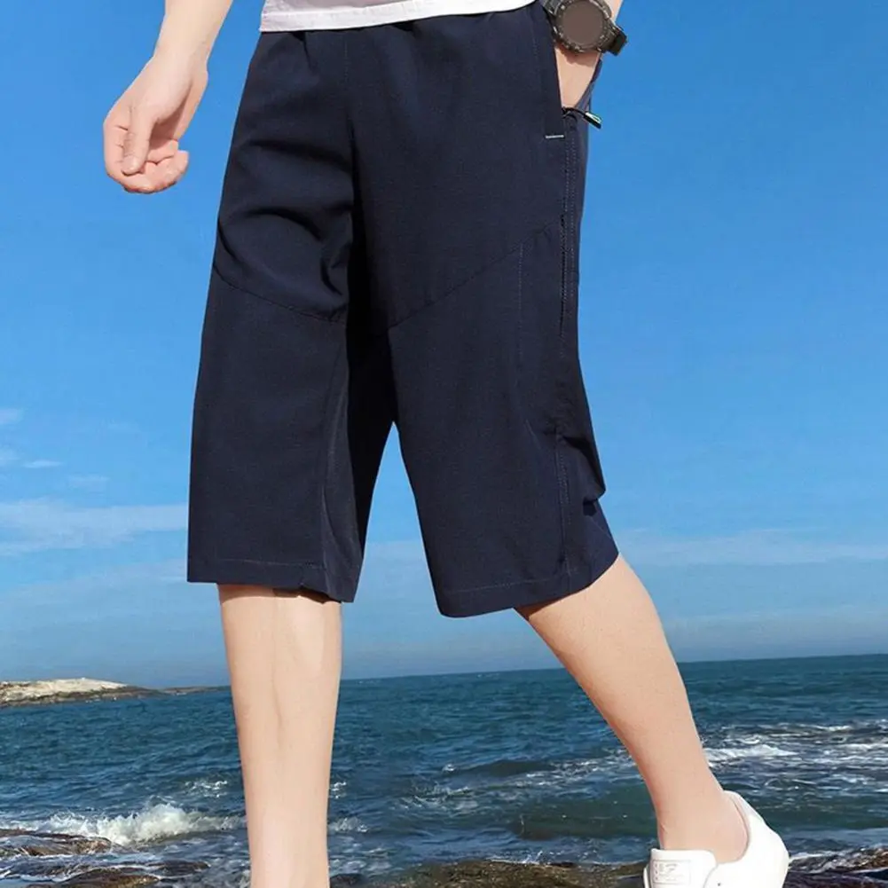 2025 XL-5XL Men Cropped Pants Elastic Waist Loose Ice Silk Zipper Pockets Loose Fit Cropped Pants Men Mid-calf Length Trousers