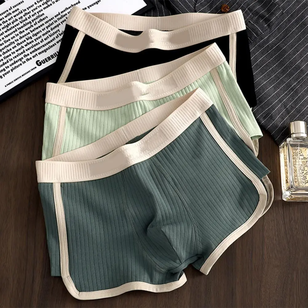 Men Boxer Underwear Mid-rise Elastic Waistband U-Convex Shorts Briefs Patchwork Color Ribbed Underwear