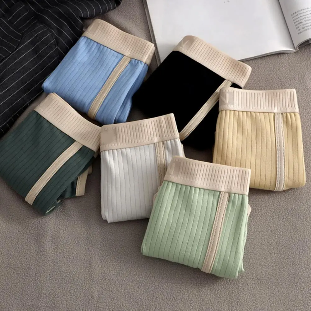 Men Boxer Underwear Mid-rise Elastic Waistband U-Convex Shorts Briefs Patchwork Color Ribbed Underwear