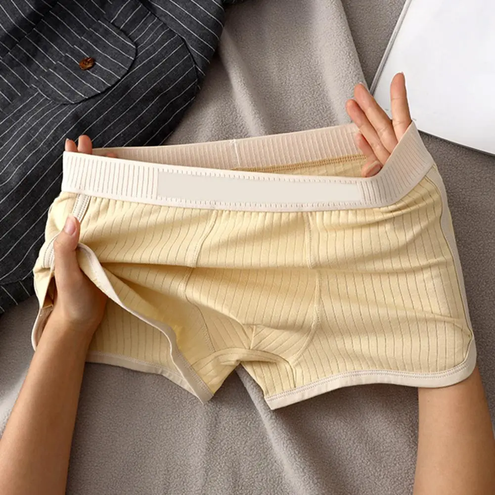 Men Boxer Underwear Mid-rise Elastic Waistband U-Convex Shorts Briefs Patchwork Color Ribbed Underwear
