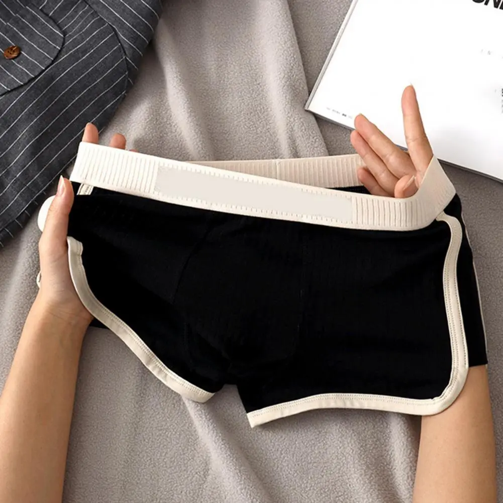 Men Boxer Underwear Mid-rise Elastic Waistband U-Convex Shorts Briefs Patchwork Color Ribbed Underwear