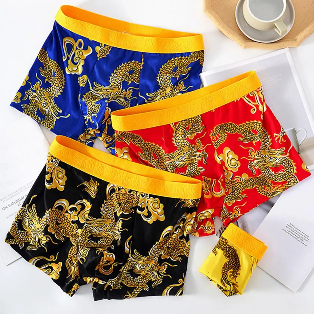 2025 L-4XL Men Dragon Pattern Underwear Year of The Dragon Boxer Briefs Mid-rise Elastic Wide Waistband Shorts Panties Underpant