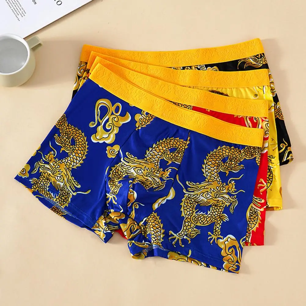2025 L-4XL Men Dragon Pattern Underwear Year of The Dragon Boxer Briefs Mid-rise Elastic Wide Waistband Shorts Panties Underpant