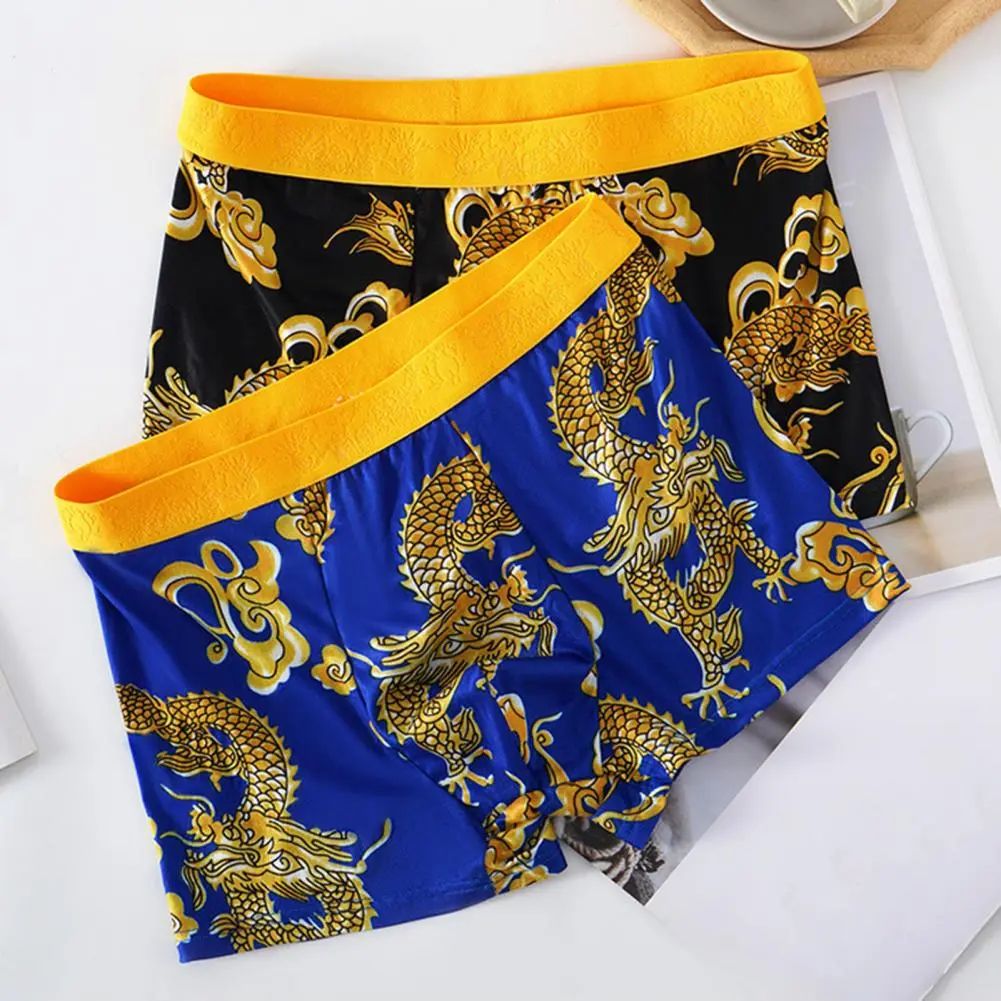 2025 L-4XL Men Dragon Pattern Underwear Year of The Dragon Boxer Briefs Mid-rise Elastic Wide Waistband Shorts Panties Underpant