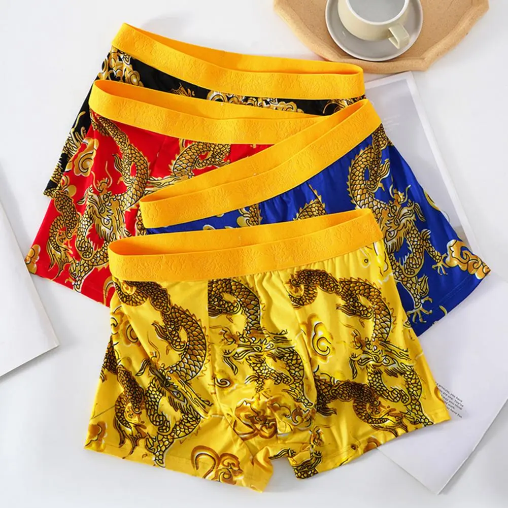 2025 L-4XL Men Dragon Pattern Underwear Year of The Dragon Boxer Briefs Mid-rise Elastic Wide Waistband Shorts Panties Underpant