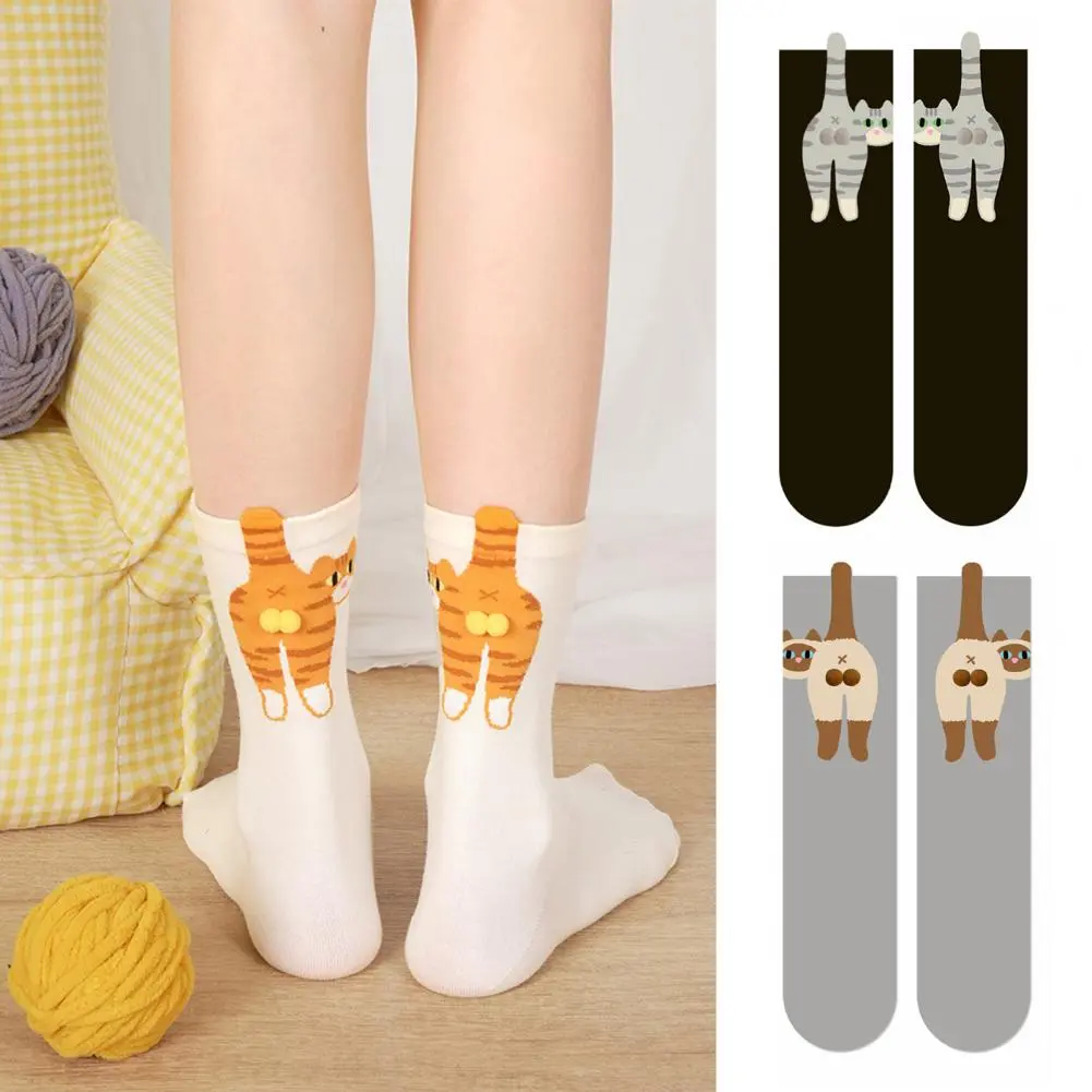 Soft Cat Print Socks Women Cat Socks Funny Cat Lover's Crew Socks with Fuzzy Balls Novelty Animal for Women Cute for Friends