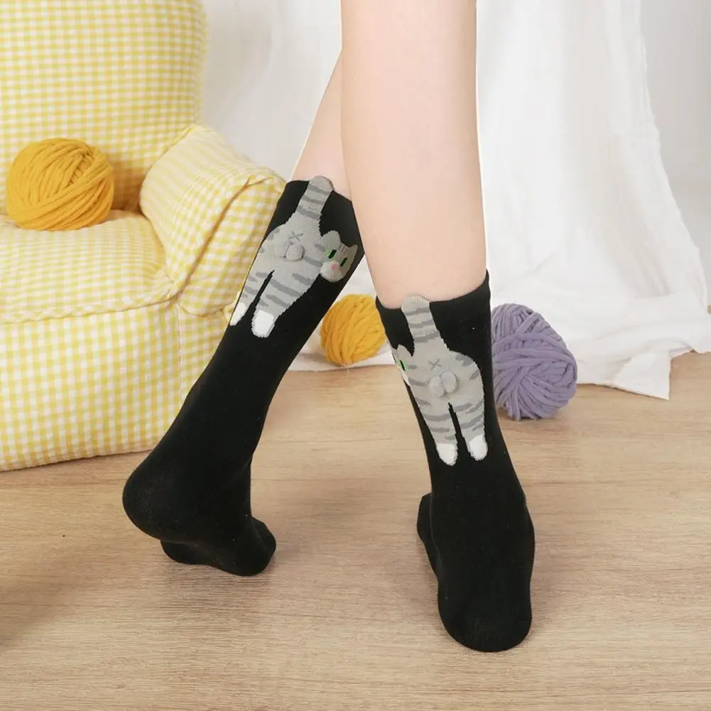 Soft Cat Print Socks Women Cat Socks Funny Cat Lover's Crew Socks with Fuzzy Balls Novelty Animal for Women Cute for Friends