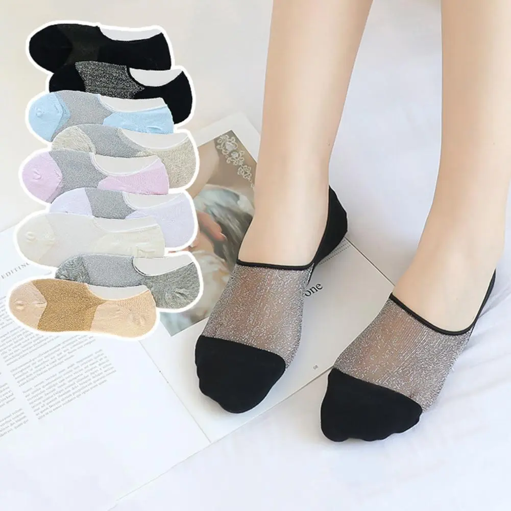 Anti-hook Wire Women Socks Boat Sock for Women 10 Pairs Women's Glitter Boat Socks Shiny Invisible Ultra Thin Silky for Spring