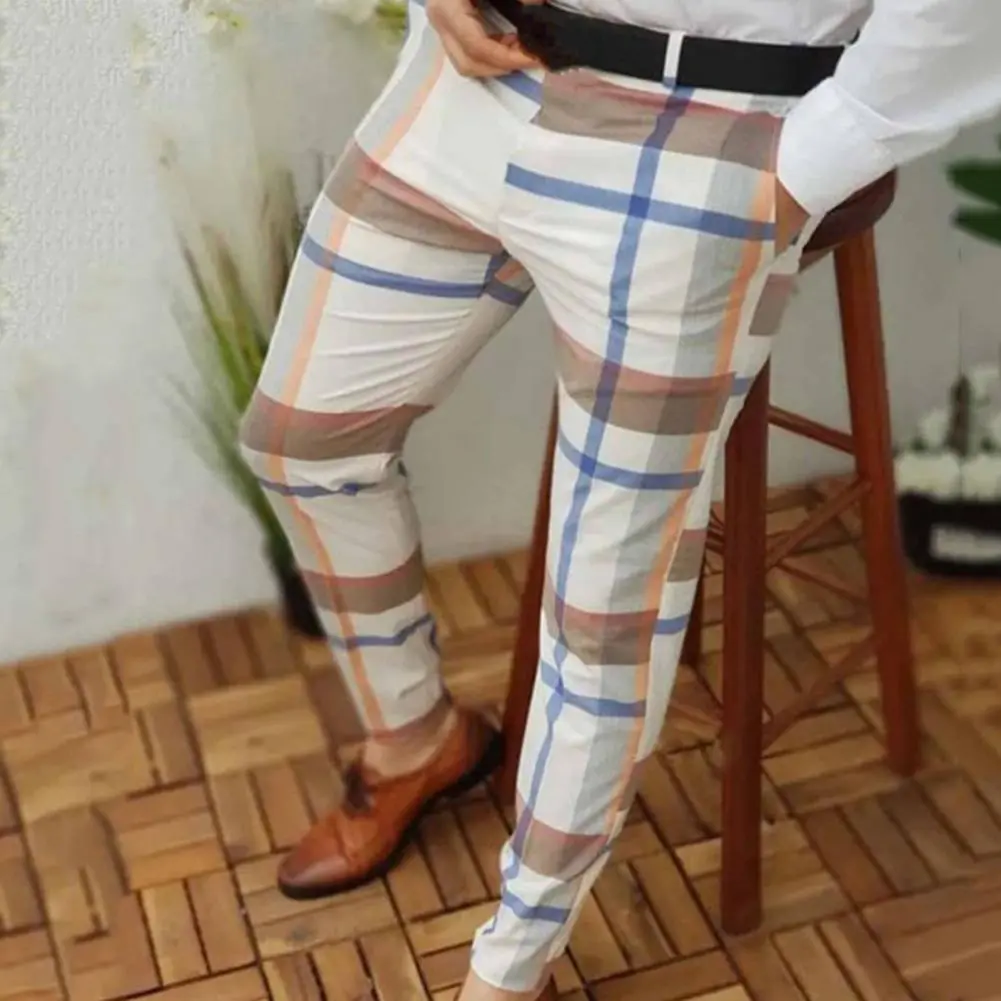 Men Pants Vintage Plaid Print Mid Waist Slim Fit Leisure Spring Suit Pants Ankle Length Men Trousers Pencil Pants мужская одежда
