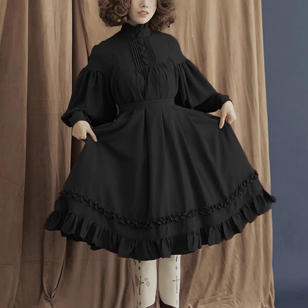 Lolita Girls Midi Dress Sweet Solid Color O Neck Long Puff Lantern Sleeve Buttons Large Swing Retro Dress vestidos de fiesta