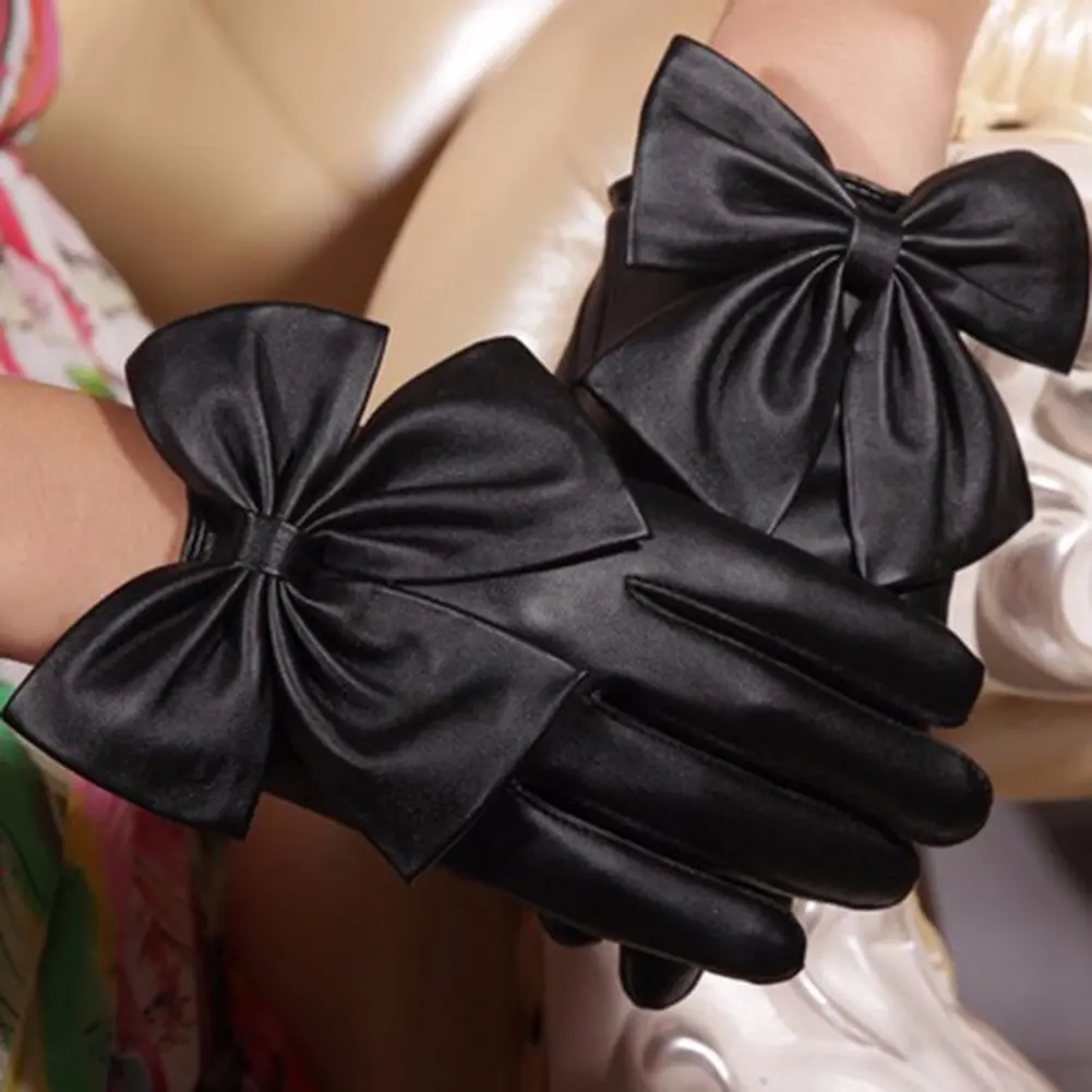 Fashion Motorcycle Women Gloves Rivets Big Bow Solid Color Faux Leather Outdoor Gloves Full Finger Durable Mittens