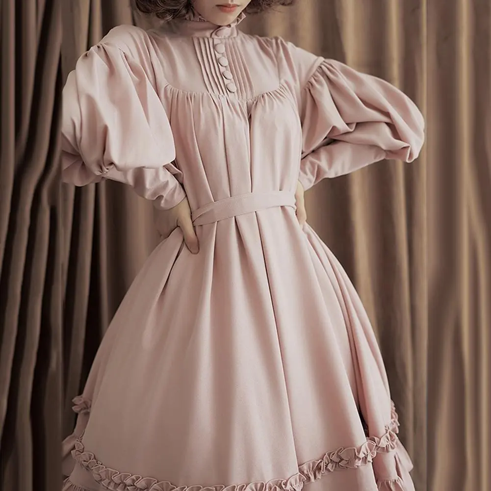 Lolita Girls Midi Dress Sweet Solid Color O Neck Long Puff Lantern Sleeve Buttons Large Swing Retro Dress vestidos de fiesta