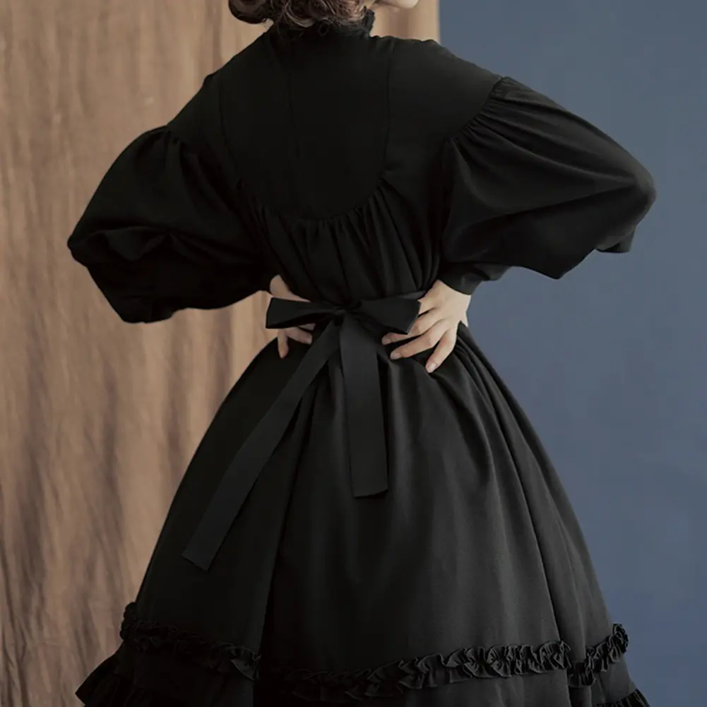 Lolita Girls Midi Dress Sweet Solid Color O Neck Long Puff Lantern Sleeve Buttons Large Swing Retro Dress vestidos de fiesta