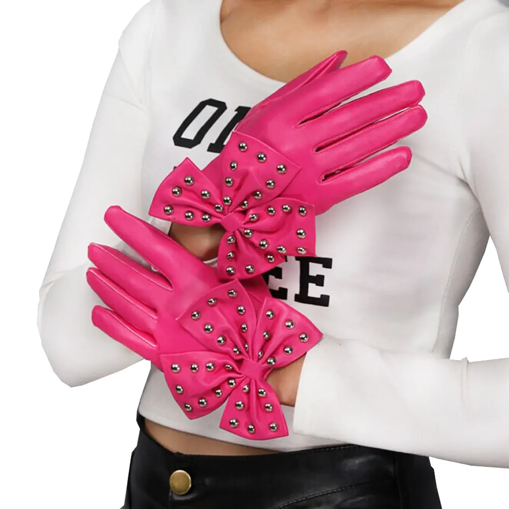 Fashion Motorcycle Women Gloves Rivets Big Bow Solid Color Faux Leather Outdoor Gloves Full Finger Durable Mittens