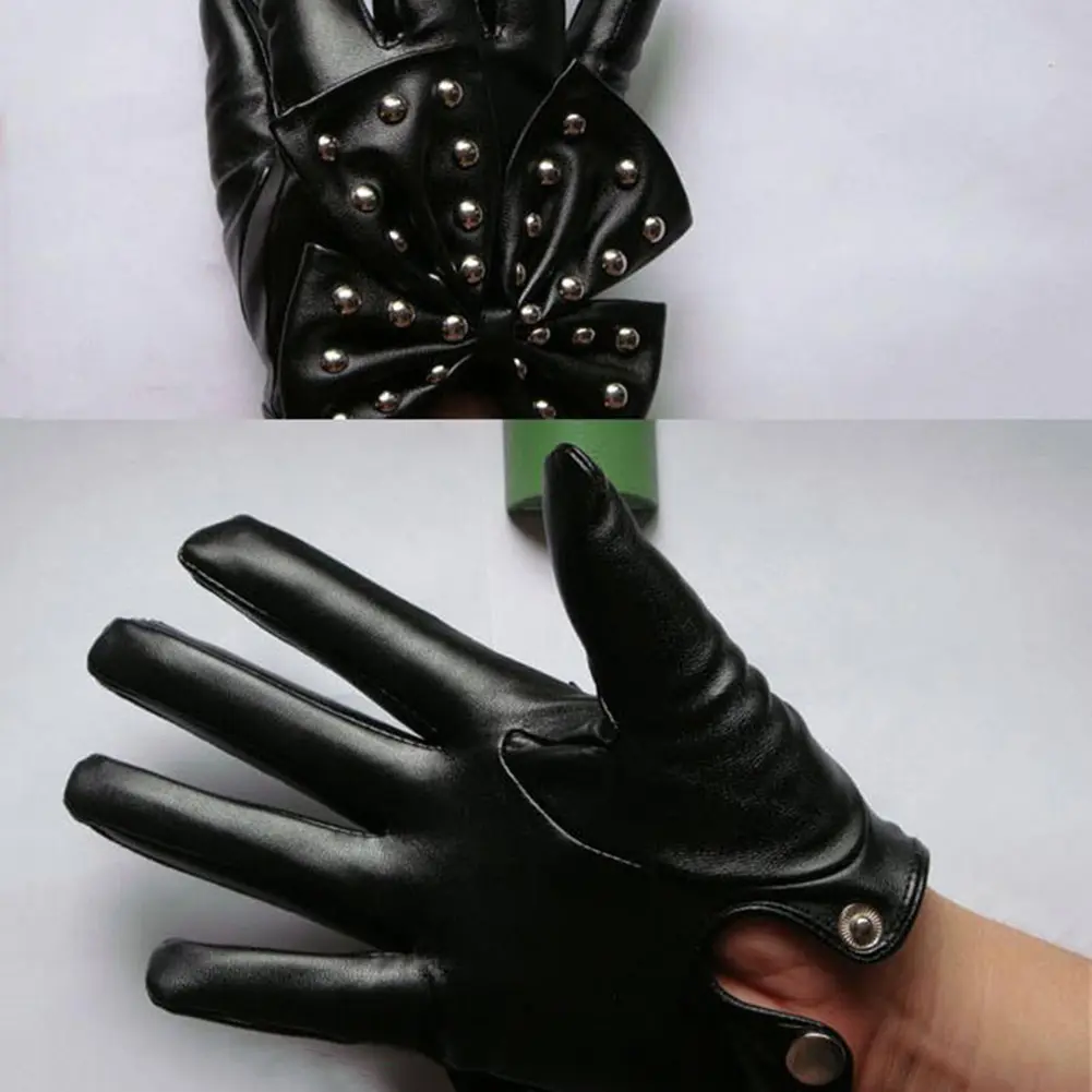 Fashion Motorcycle Women Gloves Rivets Big Bow Solid Color Faux Leather Outdoor Gloves Full Finger Durable Mittens