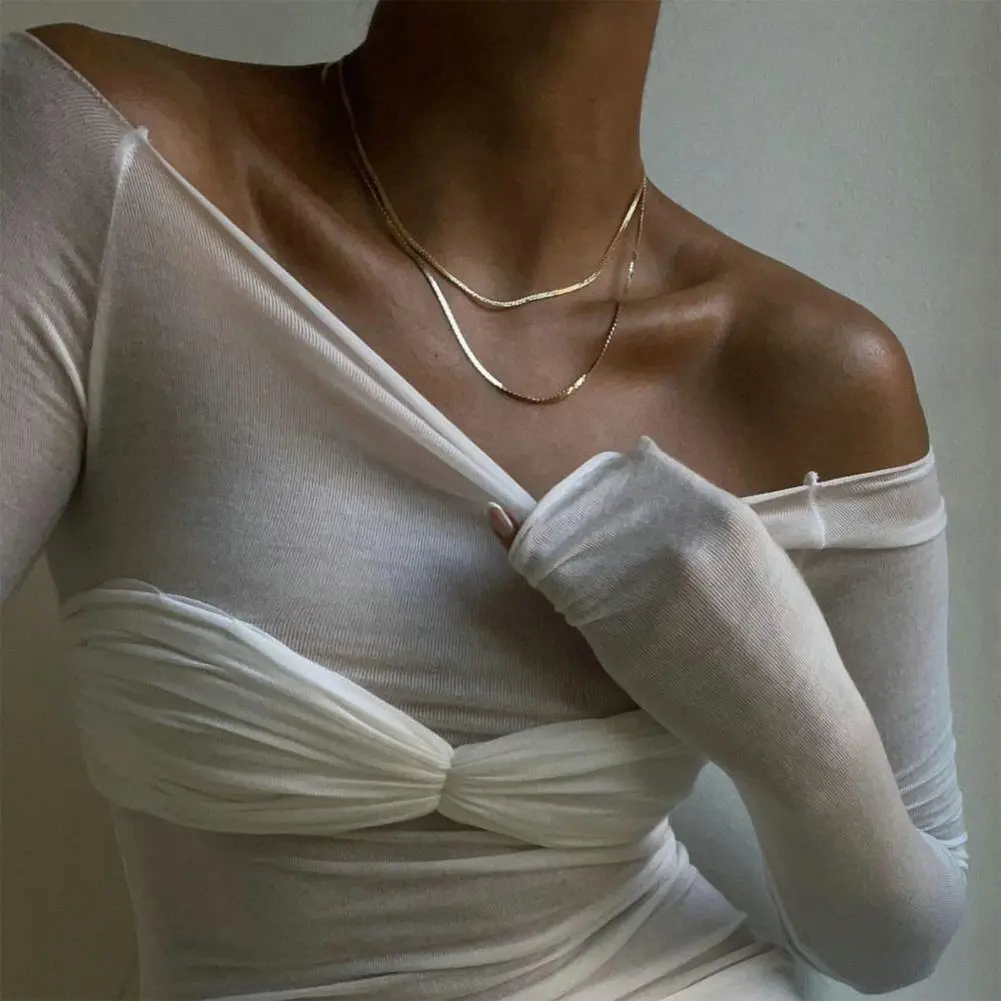 Tops Tee Shirt Sexy Off Shoulder Pleated Bandeau T shirt Perspective Strapless Tee Top Thin Long Sleeve Mesh Blouse Clubwear