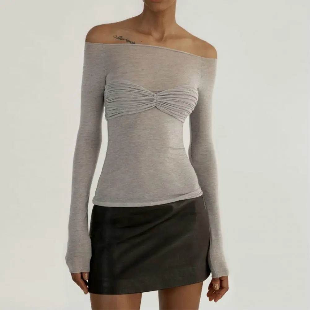 Tops Tee Shirt Sexy Off Shoulder Pleated Bandeau T shirt Perspective Strapless Tee Top Thin Long Sleeve Mesh Blouse Clubwear