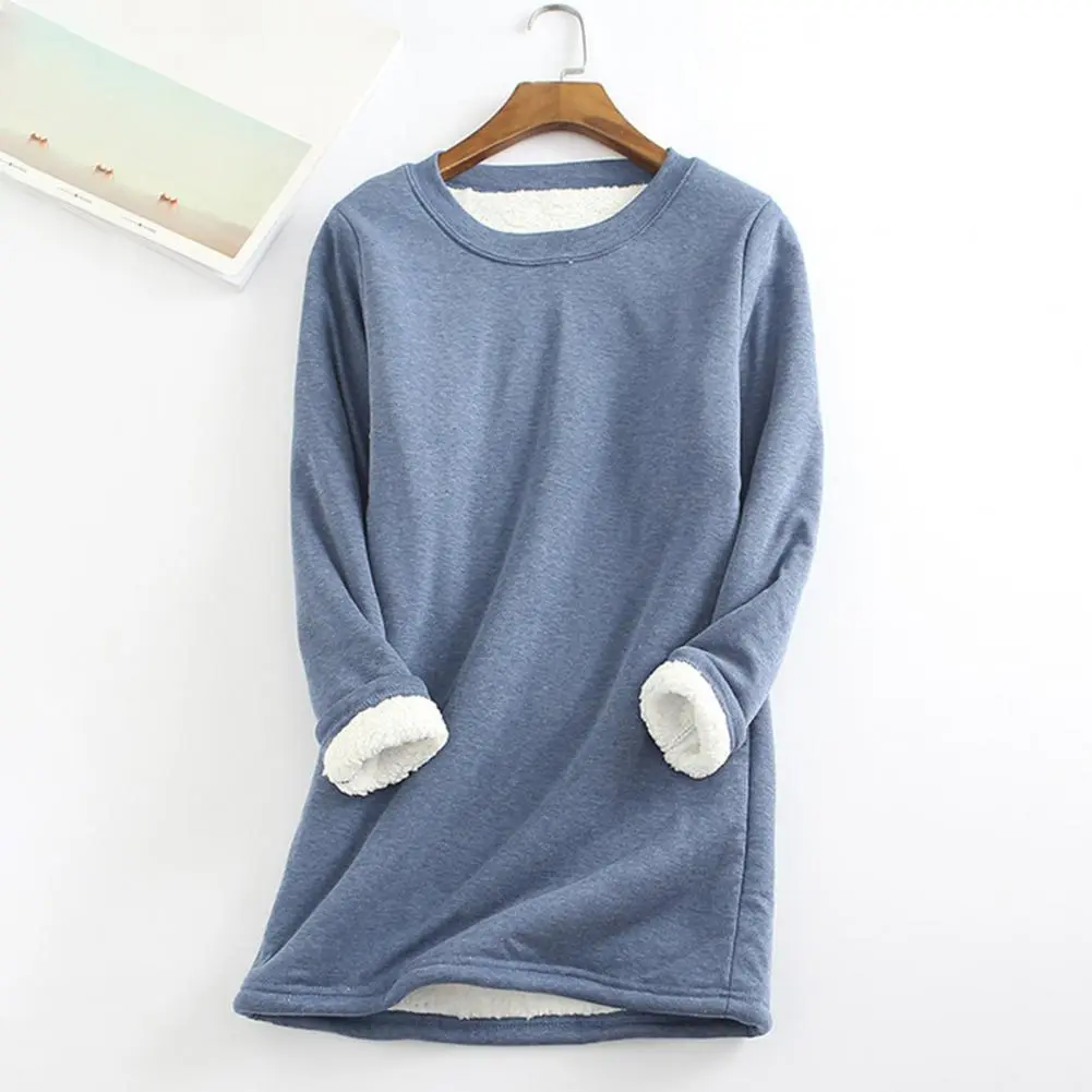 Plush Lining Women Blouse Thermal Underwear Top Autumn Winter Midi-Length Loose Base Shirt Pure Color Crew Neck Base Shirt